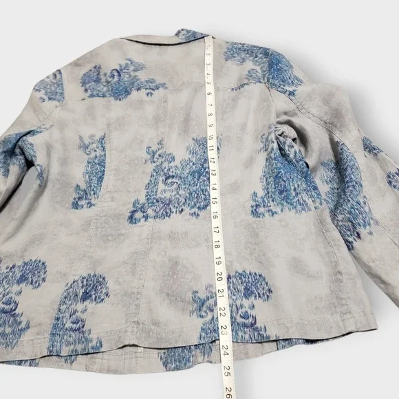 Coldwater Creek Womens 14 Gray Blue Floral Ikat 100% Linen Snap Button Jacket - Picture 13 of 13